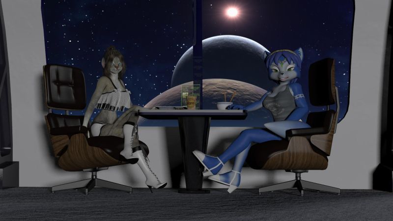 Lounge Kitties
~SAOTW Winner 11/19/22~
The girls decided that they wanted to share a meal and a couple of drinks in the station's lounge.  Galina the Catgirl and Karellen the Cerinian.  Galina's outfit is a couple of items of Vicki's that had been XD4'd for A3.  The Lounce is the mess hall from VP with a couple of far more comfortable chairs I picked up from somewhere.
Keywords: SAOTW Winner 11/19/22