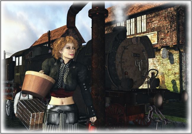 Olivia's arrival
Thanks for selecting my image in the December contest and thanks to Biscuits (Echo Hair) and Anima Gemini (Chloe the Steam Train) for the wonderful prizes.

Credits:
Echo Hair by Biscuits (RMP)
Chloe the Steam Train by Anima Gemini
Machin Ville Train Station by Anima Gemini
BSC Olivia V4 *Exclusive* by Sidhe Rose Graphics (FRM)
B25 Steam Punk Aviator by Bobbie25-Sarsa (DAZ)
Anachronism by Kaleya - Nirvy (RMP)
Godwin	by Mortem Vetus (RMP)
Working Man by Ravenhair (DAZ)
AfterGlow and Atmosphere by Colm (DAZ)
World Cruise and Elegant and Shabby for World Cruise	(DAZ)
Postwork I made in PD Artist and Filter Forge
Thank you for looking and for your kind comments on previous uploads. 


