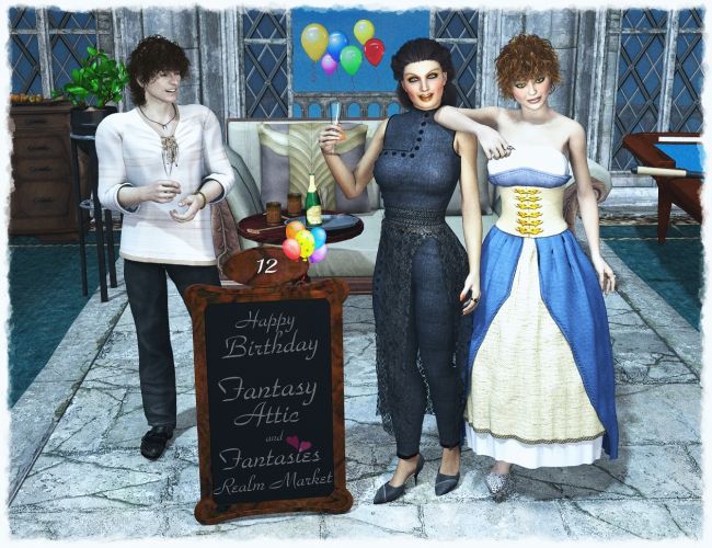 Happy Birthday Fantasy Attic
HAPPY BIRTHDAY FANTASY ATTIC– AND THANK YOU!

Credits:
House of Owls by Summoner (FRM),
Absynthe V4 *Exclusive* by Sidhe Rose Graphics (FRM)
Darby by Art by Athene (FRM)
Rhage by LostSoulsArt-Bea-Aliwonder (FRM)
Delphine Hair, Euros Boots and Maestroso Outfit by Prae (FRM)
 Lemon Hair by Biscuits (RMP)
Office Poses by Leije-Jean_C (RMP)
Common People 1 for Almirena and Sisters Poses by Aelin Namarie (FRM)
Almirena Dress by Esha (DAZ)
Fine Shoes by Ramhernan (FA Sponsors Showcase)
Veranil by Ravenhair (DAZ)
Collection Ete and Chez LouLou by anima gemini (free in the FRM)
Private Party by ironman 13 (DAZ)
Filter Forge
Thanks a lot for looking and for your nice comments on my previous renders!

