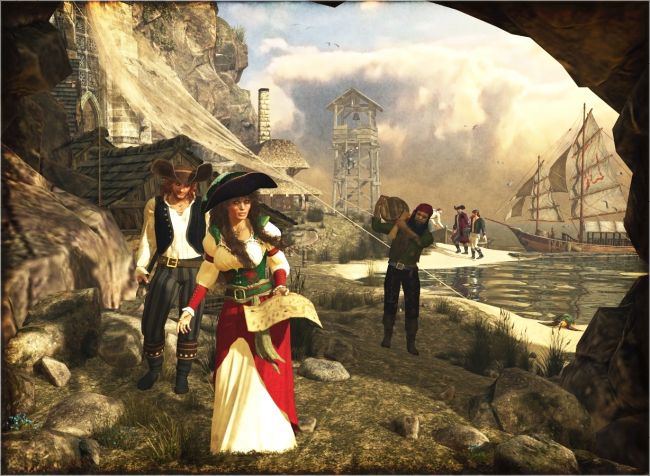 Pirates
Credits:
Absynthe V4 *Exclusive* by Sidhe Rose Graphics (FRM)
BSC-Ira M4 *Exclusive* 	by Sidhe Rose Graphics (FRM)
The Hideout by Summoner (FRM)
Almirena Dress	by Esha (DAZ)
Far Journeyer by MAB-WillDupre (DAZ)
Peasants and Nobles for Almirena by JaneB
M4 Pirate by Ravenhair (DAZ)
Avenza Hair by Prae (RMP)
Lucrezia Locks by Goldtassel-Swam (DAZ)
Facial A-Hairness II and Rolf by Mortem Vetus (RMP)
X Marks The Spot Map by 3D Universe (DAZ)
SkyLight And Atmosphere by Colm Jackson (DAZ)
Lake Village by Faveral (DAZ)
Thanks a lot for looking and for your nice comments on my previous renders. 

