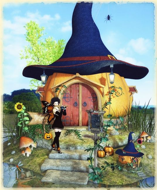 Welcome to Pumpkin Island
Credits:
Phala by Katt (FRM)
Crow Hair by Biscuits (RMP)
Witch Hat House by 1971s (RMP)
Pumpkin Avenue by Mada-Sarsa-Thorne (DAZ)
Pixiedust by Mada-Thorne (DAZ)
Flinks Bushes by Flink (RMP)
Enchanted Hill (mushroom, flute and pose) by DM (RMP)
Lake Village (water) by Faveral (DAZ)
SV Lights by Sveva (RMP)
Filter Forge
Thank you for looking and for your nice comments on my previous works.

