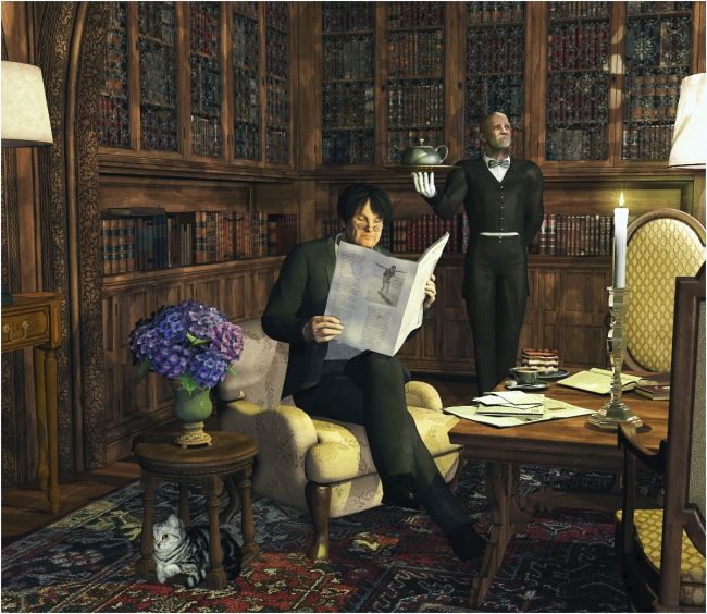 Teatime
~SAOTW WINNER 4/27/19~ 
Credits:
The Library by Jack Tomalin (DAZ)
Regency and Menswear 1930 by Ravenhair (DAZ)
Material by parrotdolphin (RMP)
Godwin by Mortem Vetus (RMP)
Josh (texture) by Raiya (DAZ)
Boris de Conti Hair by StudioArtVartanian (RMP)
Hydrangea by Lisa's Botanicals
Jane Eden’s Cats (RMP)
KireiKaze Tea Set by Fabiana (RMP)
Cake & Pies by exnem (RMP)
Newspaper by adamthwaites
Everyday Stationery by maclean (DAZ)
Thank you very much for your comments on my previous images and thanks for stopping by to have a look at this one!

Keywords: SAOTW Winner 4/27/19