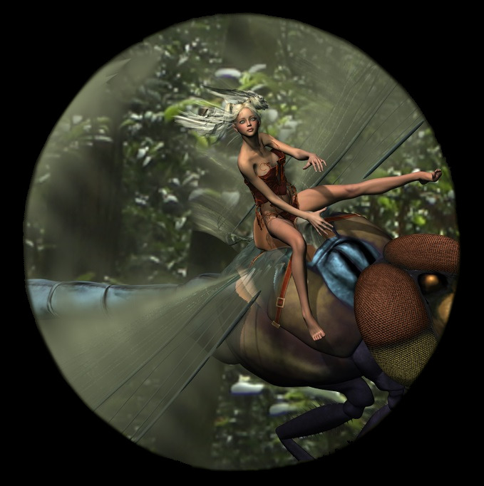 Wood Nymph Rides Her Dragonfly
Have you ever watched how a Dragonfly works? Did you ever wonder at their intelligence? Could it be that they are guided by tiny riders? Is this what was caught in this telescopic viewfinder?

Only as tall as a childs pinky fingernail is long, she sits on the back of the creature that is her steed, and it is larger than she is. She is a Wood Nymph of the tiny human-form variety, and rather pretty she is. Her steed is a Dragonfly, to whom she strapped a tiny selfmade saddle. She sits on that saddle riding her Dragonfly, directing it to where the mosquitoes are most numerous. There she relishes in the hunt of those foul creatures, as do her thousands of sisters who join her on the hunt. Their Dragonflies feast on the wicked mosquitoes, while mosquito larvae are devoured by the larvae of the Dragonflies. The Nymphs derive sustenance from the knowledge that they help to fight against such pestilence.

Keywords: Fantasy Creature Female Insect Dragonfly Saddled