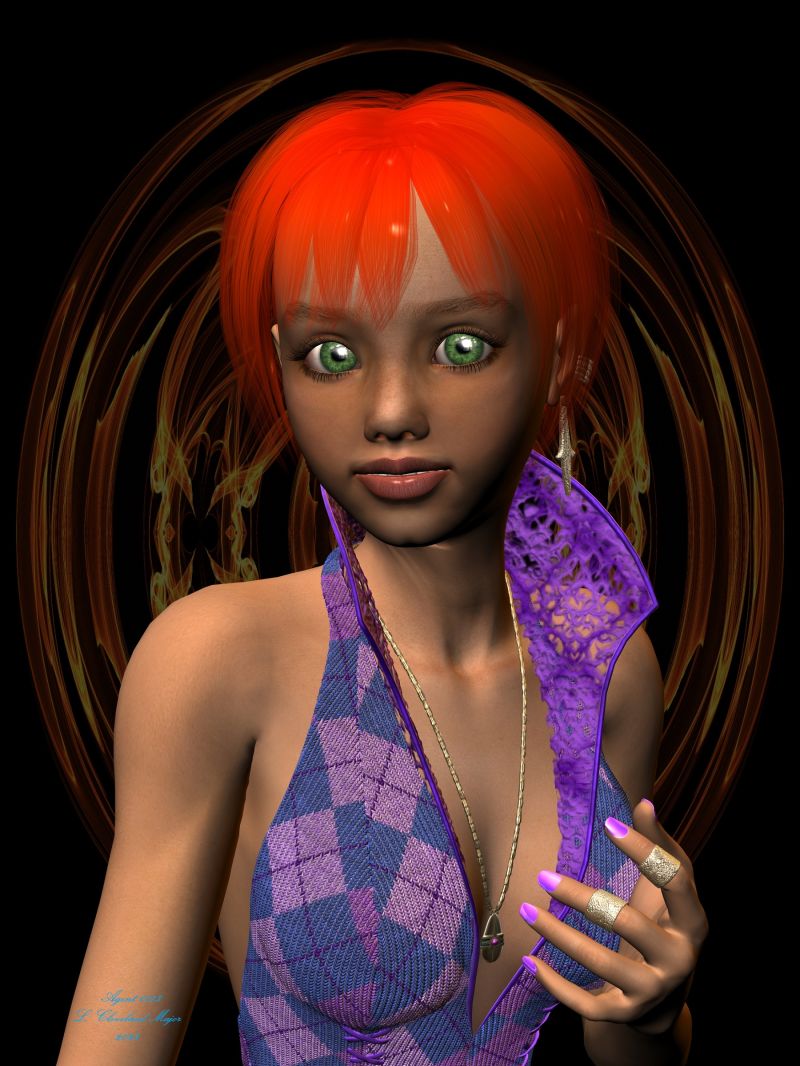 A3 Sarina Portrait
This is Aiko 3 with the Sarina Head Morph and Skin texture. I used the DAZzling Gaze Eye textures to color her eyes, but added more green in the surfaces editor of DAZ Studio. Her hair is the Nyoko hair I mentioned earlier, but with my own hair color applied. Her outfit is the Dixie outfit for Aiko 3, but retextured using several Fabric and Metal Shaders. All lighting was manually created and edited by me. The Backdrop was made in FlamePainter and PD Howler 12 to circularize and mirror it.
Rendered in DAZ S
Keywords: Character Female Portrait Aiko Pretty
