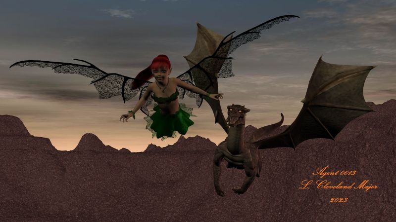 A Game of Chase
A young Faerie named 'Emerelda Fae' engages in a bit of fun and excitement with her pet Dragon named 'Singe', who is about five times her size.
Keywords: FantasyCreatures Dragon Faerie GamePlay Fun Excitement