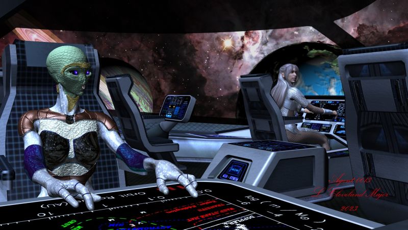 4th Place~Arrival at Kolnath System
S'Fvaax & Trina, left to keep watch over the Zephyr, soon learned that the Captain and other crew were taken by the Kolnathi Slave Traders. So they decided to go to Kolnath and try to get them back. The Vanguard class ship dropped out of Hyperspace near the Kolnathi habitable Moon. Their Cargo pod is still full of ED Crystals, which can be used in a powerful hand weapon. They plan to employ the crystals to take the fight to the Slavers.

Keywords: SCiFi Space Characters Female Human Alien Crewmembers Spaceship ControlRoom