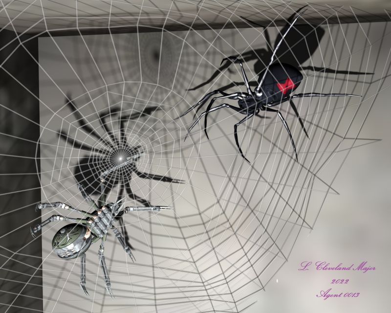 Battle of the Spiders
It seems that someone with an inventive mind decided to make a robotic spider that could invade the web of a real one for the purposes of killing it. This time the web being invaded has already been invaded by a funnel web spider, AKA Black Widow. She chased the original occupant away, but is now being challenge by a robotic one. As it is in the nature of all real spiders that build webs, she has sensed the new invader, and come to investigate. What she sees with her eight eyes looks like another spider to 
Keywords: Science Fiction  Animal  Mechanoid  Battle