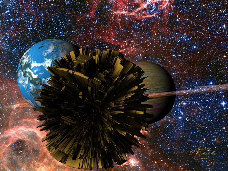 City Star Finds Habitable Moon
A giant ship called a City Star travels between the galaxies in search of habitable worlds. It has found a habitable moon orbiting a gas giant ringed planet, and the moon is not home to an intelligent species. Colonization will soon occur, and what a spectacular area of space to be in, with the nearby nebula and a view of intergalactic space.
Keywords: SciFi SpaceShip RingedPlanet HabitableMoon Nebula