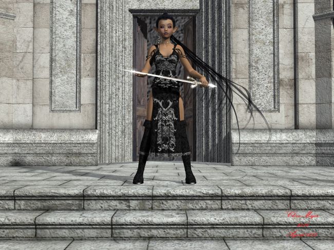 Elven Order of the Raven
Among the Elves there are many that follow certain sets of rules or laws specific to their Order. One such is known as the Elven Order of the Raven. As it's name implies, their rules center around the manners of a very intelligent bird, which is black in color. As such all members of the order have black clothing, and black hair. Most are born into the Order, though some are recruited from free roaming Elves who pretty much fit the requirements of the Order.

Eire'El, is a recruit who follows the rules of the Order of the Raven so exactly, that she was sought out by scouts of the Order. She was happy to join the Order, as it had been her desire since she first learned of their existence.

SAOTW ~ 05/25/19

The sword she wields was forged by her own hands, from dark steel, and inlay of gold. She is at this time serving as Guardian of the Archives. She knows who is authorized access, and will not allow passage into the institution by any who are unauthorized. She may appear to be young and weak; however, she has strength beyond her body, and an intellect of great cunning, born of her time as a free roaming elf. Any challenger that wishes to breach the Archives will quickly learn how bad such an idea can be.

Credits:
Aiko 3 with the Sarina Face Morphs and Skin and Makeup textures.
Eye Textures are Purple from the DAZzling Gaze Texture Pack
Outfit is the Ravyn for Aiko 3 ensemble with the Black Ravyness Texture set
Architecture is the Castillo Diablo sans the Snake Statues
Environment and Lighting is the Green Hills Skydome and HDRI 3DL version
Rendered using 3Delight
Post work done using PD Howler 12 to fix shadows and add lighting blooms to the Sword and Jewelery

This image was done to Honor Rayvn, AKA Sidherose, for whom I have great respect.
Keywords: Fantasy Character Female Elf Guardian Swordswoman SAOTW ~ 05/25/19