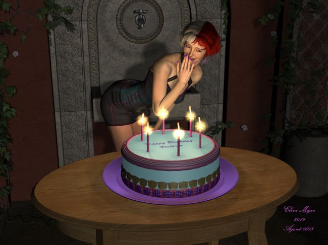 Happy Birthday Victoria
This image was done to be a part of the DAZ celebration of Victoria's birthday. I had a bit of trouble getting the image to render, but I did not give up, and I was finally able to get it to render at the size I wanted. 

This image is the culmination of work using several programs, as listed and described below.
Wings3D - I used this program to model and UV map three of the items used in the image;
The Birthday Cake, the Candle (Which I duplicated to have six on the cake), and the Platter.

PowerPoint - I used this program to make the textures for the Birthday Cake.

DAZ Studio - I used this as my main program for composing the image, applying the texture maps for the Birthday Cake, applying shaders to the Candles and the Platter. I decided to use Victoria 6 for Genesis 2 Female as the Birthday Girl, because she is the first version of Victoria that was released in the month of June, and she is six year old now. (I know, she looks like an adult! T'is the magic of digital art!)

Flame Painter 3 - I used this program to add the candle flames in the first part of my post work.

Pd Howler 2019 0025 - I used this program to add the glow blooms for the candles.

Windows Paint was used to ad my Signature Logo.
Keywords: Celebration Character Female Birthday Cake Victoria