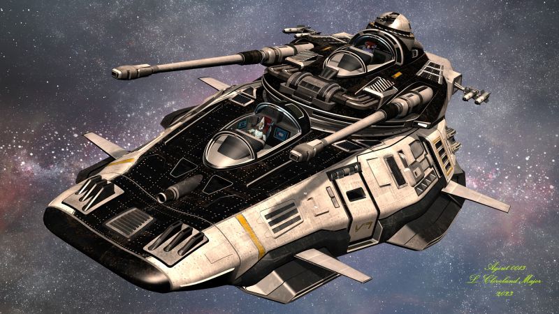 Ironstar-Devastator
Ironstar is the armored tank of the Interstellar Alliance's Star Force. It's not only heavily armored, but heavily armed as well. Ironstar is also equipped with energy shields that auto-regenerate after a hit upon them is scored, gaining extra strength from the hit. Here we see the Ironstar 'Devastator' on its way to carry out a mission to destroy an enemy installation. The pilot is an alien from one of the allied species. The human gunner is in the turret.
Keywords: SciFi Warship AlienPilot HumanGunner MissionBound