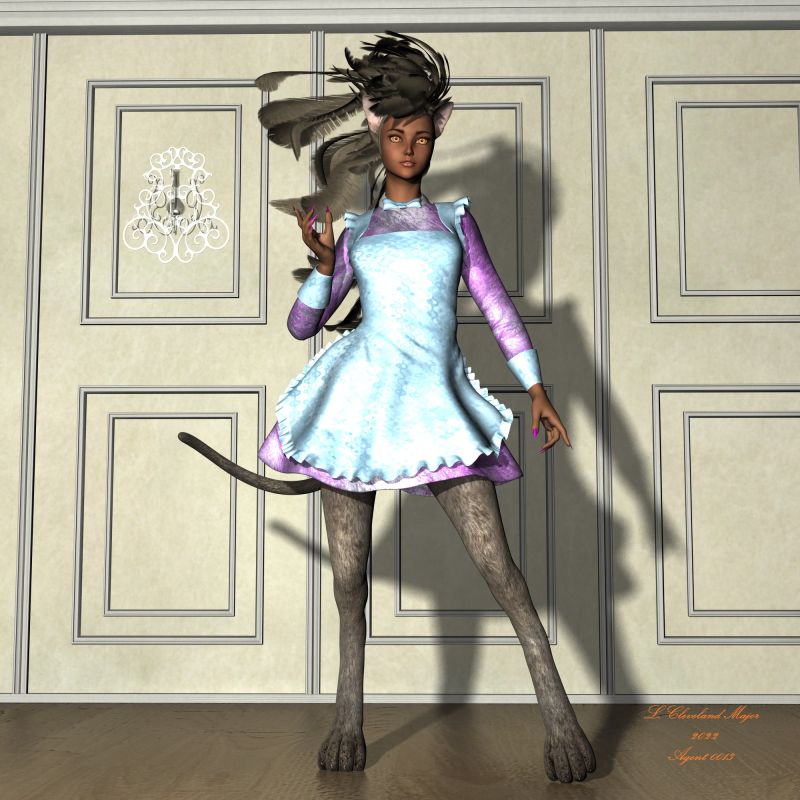 Kitty Maid
I received a coupon for one product worth up to $20 for free from DAZ 3D. It was for any DAZ Original Genesis 1, 2, 3, or 8 figure product. After careful consideration I chose the Creature Creator for G2F, which has several awesome possibilities. As I love cats, I made my first render from the pack a Humanoid Female Cat. I dressed her in the Maid Dress for G2F, and gave her the Featherhawk Hair from Aprilysh. She is striking a model standing pose. 
Keywords: Fantasy Creature Feline Humanoid Pinup