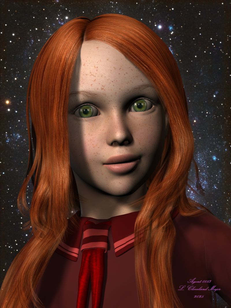 Little Red Haired Girl
Meet Cherisse! She is a little red haired girl that had a crush on me when I was in high school. She had red hair, green eyes, and freckles; my 3 biggest weaknesses.
I needed a texture that sported freckles, but had none, so I took the Haley 5 skin face texture image into PD Howler and added freckles to it. It looks great in my opinion! What do you think?
Keywords: portrait girl ginger freckles green_eyes cute