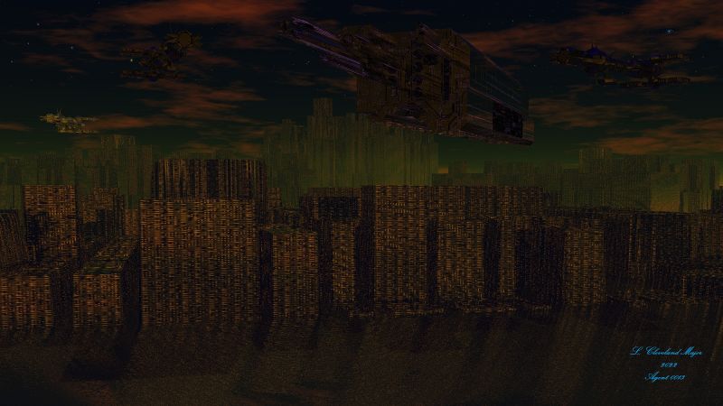 Passenger Cruiser Visits Oceana City
Using a heightmap made in JSPlacement, I created the large ship in this image in the Deep Terrain Editor of Bryce 7.0 Pro. I used textures from Bryce's Materials Library on it. This is the reduced size image. The larger version is uploaded to my Gallery at DA. The City is also generated in the same way, and the smaller ships are Bryce spaceships. My next upload will be the large ship cropped out at full size.
Keywords: SienceFiction Spaceships City Ocean