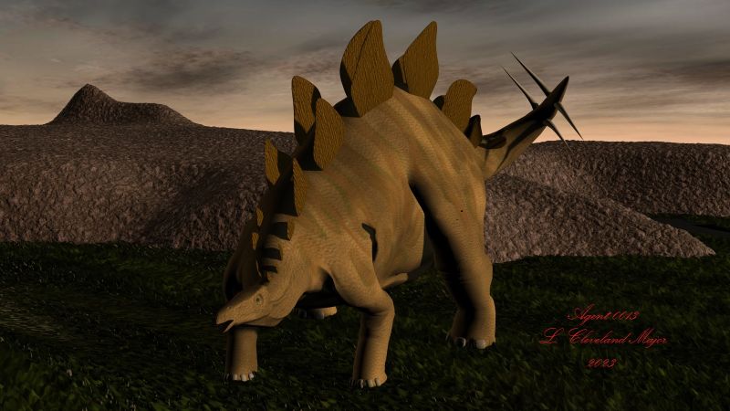 Standing Her Ground
A female stegasaur has come up against a wall of rock she cannot climb over. She turns to face her pursuer, tail held high and waving side to side. She is brandishing her best weapon; the spiked end of that tail. If the pursuer decides to rush her, she will spin surprisingly fast, bringing those spikes around to do serious injury to her enemy. Indeed those spikes can kill a predator, if they impale a vital area.

Keywords: Prehistoric SaurianAge HarshReality BattleReady