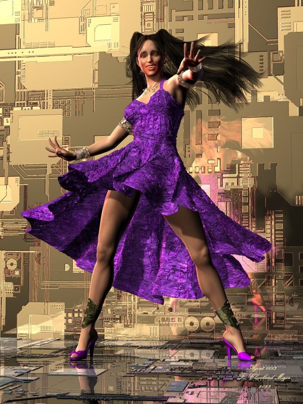 Tech Fashion~TOTW Winner 1/7/23
I had to give this one to Victoria 6. She deserves to be a fashion model! Don't you think so? The environment is just 2 primitive planes with my special displacement maps applied. The Dress and the arm and leg bands have my special displacement maps applied as well. One bonus in this image is the multiple reflections of reflections, showing that 3Delight renders them very well.
Keywords: TOTW Winner ScienceFiction Character PinUp Female TechDress TechJewelry TechWall TechFloor Reflections