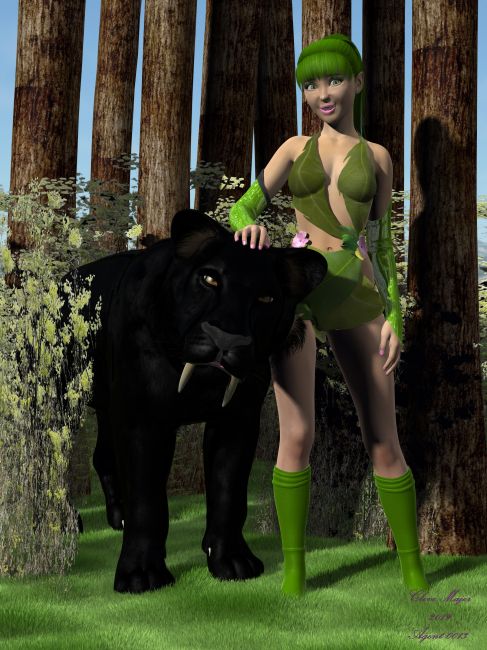The Companions
In an age long past, many fantastic creatures roamed the land. There were magical folk as well, such as Elves, Dwarves, Fairies, Pixies, Brownies, Nymphs, etc. Many of the creatures were extraordinary members of species that were common in the areas they roamed. One such was a rare Sabertooth Black Panther. 600 pounds of flesh and bone, quite ferocious and fiercely loyal to whatever companion he ran with. No one would he allow to choose his companion for him. He would choose his companion, based on unknowable senses, and would bond with that companion as quickly as he could.

This one has bonded with a female elf, who knew his intentions to bond with her before he actually chose her. The companions cannot communicate by spoken word, but they have a rapport that lets them know what each other is thinking. They run the wild lands together, seeing what they can see. doing what needs doing, and living a fairly good life on the roam.
Keywords: Fantasy Creatures Cat Big Elf Female Companions