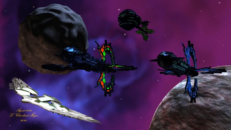 The Relldulomn Solution
The Relldulomn had learned of the InterGalactic Alliance (IGA) from Ergo aboard The Omniship; who suggested they join the alliance. So they journeyed to IGA space and applied for membership. They knew about the pirate problem, and offered to help the IGA defeat the pirates. Their solution was to disable the pirate ships, using Quantum Nanotech that could not be detected. Then the pirates could be arrested, tried, and sentenced to live in a maze nebula, unable to find a way out.

Keywords: SciFi Spaceships Allies Aliens Solution Nonlethal