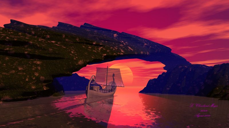 Through the Natural Gateway
Worlds having lots of water, such as oceans have areas where the waters are treacherous to navigate. One bad place on Earth is  south of South America. the Straits of Gibraltar provide a way through. Well on Middle Earth there are oceans of water as well, but to navigate past the worst of them, there may be a strait that has a land bridge through which they can sail. It would be a natural gateway. So on the way to the 'Undying Lands' they go through that gate.
Keywords: Fantasy LOTR Ship Elven LandBridge SettingSun