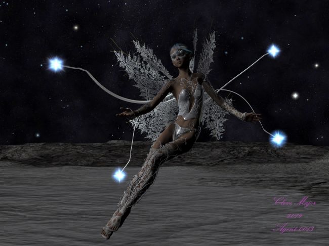 Winter Sprite Princess in the Night
In the upper and lower latitudes of Earth during the winter months, night will last more than a couple of months. The land usually gets a blanket of snow laid across it to sleep under for the long night. And whom is it that spreads this blanket of snow? None other than she that oversees the winters of the world, the Winter Sprite Princess; daughter of the King of Winter, Jack Frost.

So you did not know Jack Frost had a family? And you did not know he was the King of Winter? Well it is so, and now you know!

Credits:
Winter Sprite Princess - G2F Giselle 6
Outfit - Creeping Death Toxica for G2F by IgnisSerpentus
Textures for Outfit - DAZ Metal Shader White Glitterpaint
Wings - Fairy Wings Deluxe for G2F Snowflake version
Landscape - Canyon Terrain by SoulessEmpathy (Version SnowMedium)
Sky - FMSolarSystem Stars
Lights and Camera created and edited in DAZ Studio 4.10
Post Work done in PD Howler 10

SAOTW ~ 12/07/19
Keywords: Fantasy Character Female Magical Winter Night SAOTW ~ 12/07/19