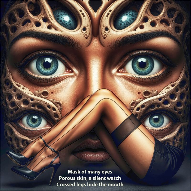 Mask of many eyes
Another of my Haiku pictures
Used two of my images and Mandelbrot 3D fraclals here
Keywords: Alan, Alan_Hauge,steampunk,fantasy,haiko,fractals,legs,mask,syrrealistic,