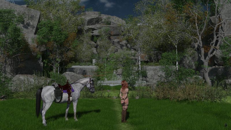 Arrival
Ceridwyn had been riding for the whole morning through the woods, following the directions from the ancient book she'd found in Llys Helig.

This ruined temple was supposed to contain a spirit that could tell her more about Caorthannach.  Her previous spirit interactions had not gone well.   She had low expections for this one as well.

As they'd grown closer to the temple's hollow in the mountain, Stoirm had become more and more restless with no seeming provocation.

Now she stood before the path into the temple, preparing her mind for the upcoming effort and waiting for Stoirm to quiet.
Keywords: Ceridwyn