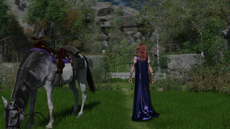 Ready!
Stoirm started grazing.  

Ceridwyn took her robe from the saddle bags and put it on.

Taking a deep breath, she headed for the temple.
Keywords: Ceridwyn
