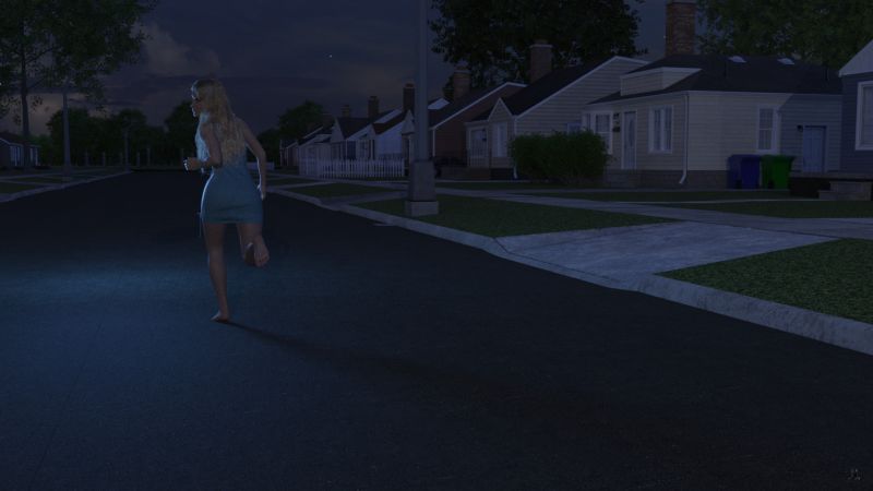 Running
Olivia began to run towards the park, looking back at the silent figure.  She could see the yellow eyes following her movements..

Then she recalled that predators are stimulated by fleeing prey.  She slowed to a walk, still moving as quickly as she could.

Thunder sounded in the distance.
