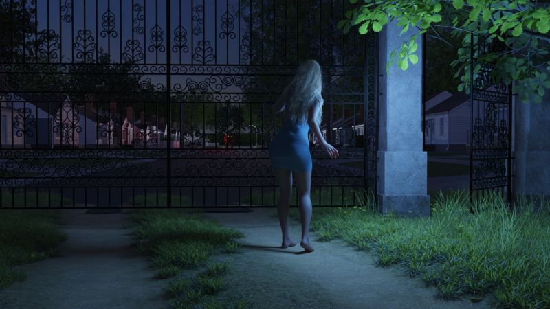 In The Park
Once inside the park's fence, Olivia looked back.  She was horrified to see that animal was now beyond her house, stalking slowly forward and still looking directly at her.

Olivia slammed the fence gate and hurried down the dirt track.
