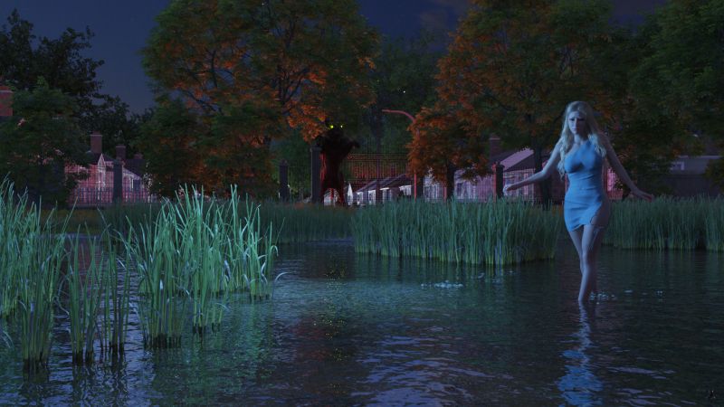 Into The Park
Olivia stopped at the stream that was at the foot of the small rise.  She knew from all of her walks through the park that it was not deep.  Only this time she was barefooted and it was night.

At that moment a huge body slammed into the gate.

She hurried across the slowly flowing creek, avoiding the larger stones, and continuing deeper into the woods.
