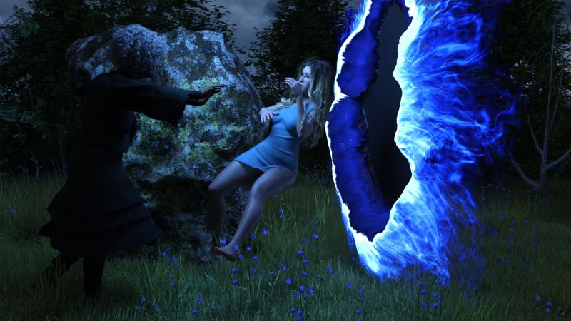 Who Are You?
Olivia did not know what to do.  There seemed to be no escape.

She turned in surprise as an old woman dressed in black came rushing at her.  Where had she come from?  The meadow had been empty when Olivia arrived.

The old woman shoved her forcefully back.  At the same moment with a ripping sound a glowing anomaly opened behind her.

Olivia fell through.

