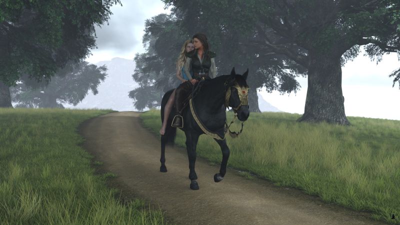 Back to Camp
"Relatives?  In some elf otherworld?" asked Olivia incredulously.

Lisdra responded "Come on, Olivia.  We need to get to my camp so that you can get into something other than a party dress."

Olivia's head swam.  She could not reconcile the absurd notion of another world and her clear perception of clean air, only natural sounds such as bird calls and insect noises, and the vista before her.  There was nothing like it near her home.

Lisdra mounted her waiting horse and with surprising strength pulled Olivia into the saddle behind her.

Olivia asked in a small voice, "This is real, isn't it?"
