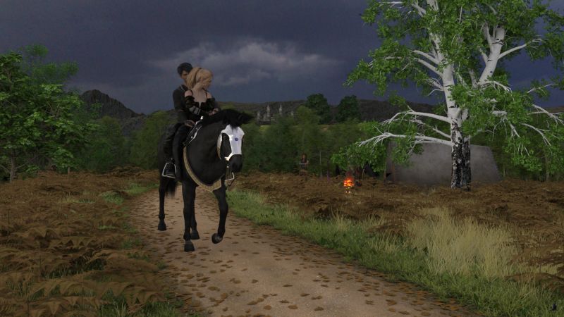 Let's Go!
Without hesitation Celduin lead his horse around and mounted.  He extended his hand to Olivia.

Celduin said "There is a storm coming.  We need to go now."

She looked at Lisdra who only crossed her arms in an angry gesture.  Olivia tentatively extended her hand to Celduin.  He took it and effortlessly swung her into the saddle in front of him, somehow making it a smooth motion that did not hurt her arm or shoulder.

Celduin's horse set off deeper into the forest.


