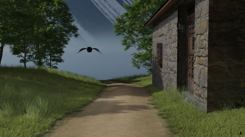 The Follower
A raven flew from one of the Inn's trees.   It followed Fedelm and Morc at a distance.

END OF CHAPTER 2

Previous image is [url=https://www.thefantasiesattic.net/attic/cpg/displayimage.php?pid=42610]there.[/url]

Story starts at [url=https://www.thefantasiesattic.net/attic/cpg/displayimage.php?pid=42512]this image.[/url]
