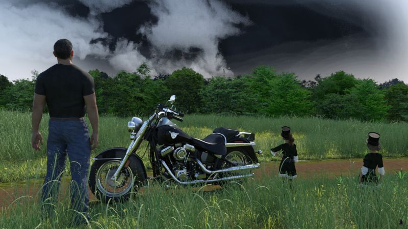 A Storm Coming?
The sunny sky had darkened in seconds.  Rekka stopped at the edge of road, puzzled.  Kari began to back away, saying "No, no, no" under her breath.
