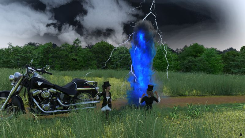 It's Her!
Immediately in front of the pixies, lightning struck.  A towering column of electric energy appeared at the point of the strike.

Rekka turned and started running.  Kari screamed "It's Her!"
