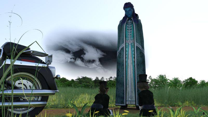 Mab
The cloud resolved into a very tall figure.  Both pixies dropped to the knees, saying very softly "Your Majesty."
