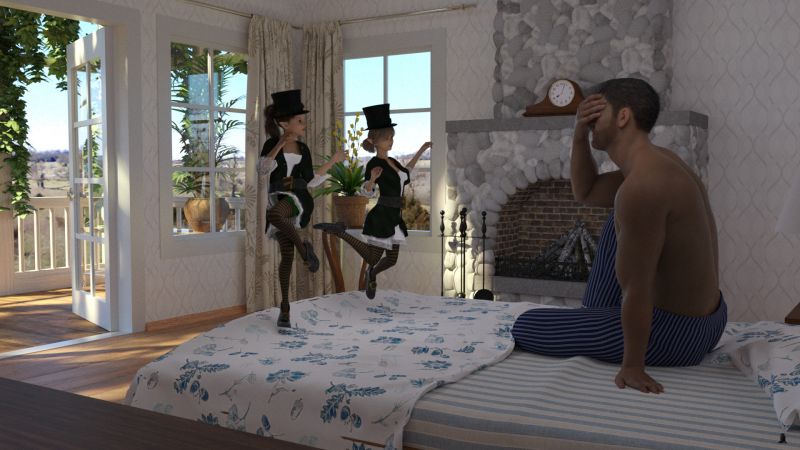 Morning of March 17th-2
Mike sat up groggily.  The curtains had been opened and the bed was being bounced on vigorously.

"How in the world did you get up here? " Mike asked with some resignation.  

"We climbed!" Kari responded.

"Are you coming to this year's celebration?" Rekka wanted to know.
