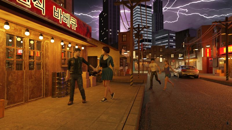 A Storm Is Coming
Han-Gyeol and Si-Woo had just arrived on Han-Gyeol's new bike at a very unprepossessing barbecue restaurant.  Si-Woo was more than hesitant to go in.

"It's really good!  Come on.  You'll like it," tried Han-Gyeol.  Taking her hand, he lead the reluctant girl to the door.

The wind had been picking up the whole time and just as he took her hand an immense thunderbolt and cacophonous response split the sky over the city.

Another couple had just crossed the street.

They all dashed inside.
