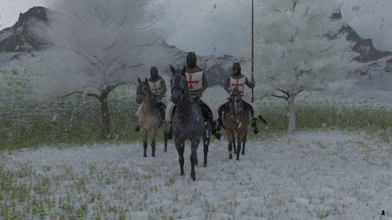 Hill Climb
Sir William, Sir Damen and Sir Evan had been climbing the snowy hill since noon and had finally reached the crest.  Sir Evan was struggling to keep his seat.

"We'll camp on the other side of this meadow," Sir William said, just as Sir Evan slipped bonelessly from his saddle, landing with a crash in the snow.
