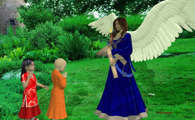 The angel and children
I made the morphs of the characters and I thank Jean52 for the wallpaper.
