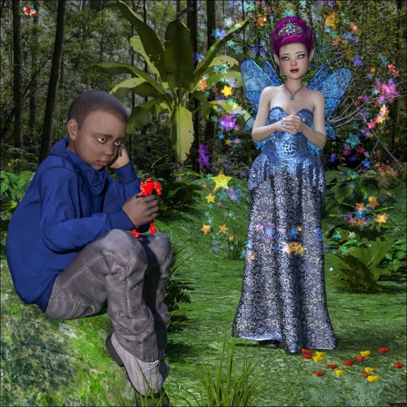 Fairy princess walking in the forest
She stays invisible and likes to observe human children when they play to the edge of the forest.
