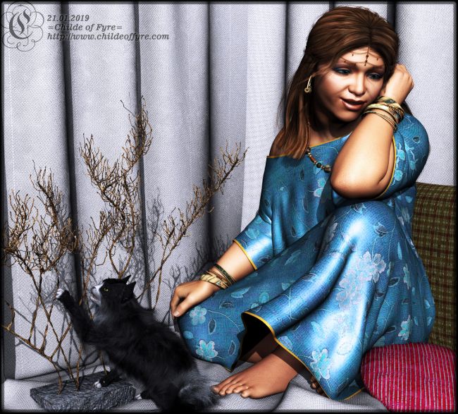 Daily Doodle : Natalia
I had a play with Lully's freebie chemise from Rendo. G8F actually cooperated for me. The chemise was cloth-simmed under the older Optitex engine, not dForce though, as my computer cannot handle dForce (due to a lack of Nvidia).

G8F with a ton of morphs, the Hivewire housecat, some old pillow props, and the curtains are from Pandygirl's studio drapery set. I think the jewelry was Esha. 

This is one of those (for me) rare "came out of nowhere because I wanted to play with a specific object" images.

Rendered in 3delight, minor postwork in Photoshop. I'm considering releasing the morph settings for G8F into my freebies, but they use a lot of morphs and I need to investigate which packs and where they're located online again.

SAOTW ~ 01/26/19
Keywords: female, morph, character, g8f, hivewire, daz studio, housecat SAOTW ~ 01/26/19