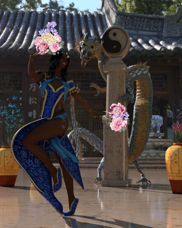 Dancing For the dragon
Maia' s family has a luck dragon named Wei, but this usually friendly spirit can be michievious at times, dumping buckets of cold water over someone's head, knocking clean laundry into the mud, moving tools to other locations and other little pranks. When Wei is up to his tricks, Maia knows just what to do. 

Wei loves to follow Maia's dancing but if he gets too close, the flowers she holds make him sneeze. She can gently direct him  away from somebody finishing thier tasks simply by moving towards him or away while she dances so he can't do his tricks.
