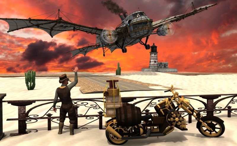 Desert Farewell
Richard raced his clockwork motorcycle to the airport, but he was too late.  He arrived just in time to see the old steam plane taking off. He waved, hoping his love Julia saw him knowing he tried to be there for her before she left to help her father.
