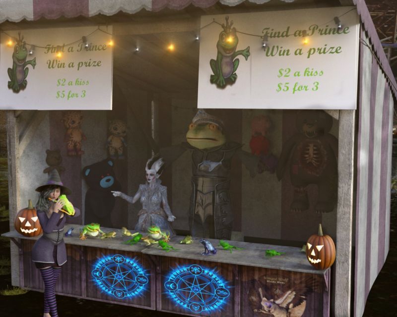 2nd Place~Find a prince, win a prize
The kissing booth at the Halloween carnival isn't like kissing booths elsewhere. At this kissing booth, witches and other magical creatures can try to find a transformed prince to win the grand prize by kissing frogs, but can still win prizes if their chosen frog turns into a gremlin for a medium prize or a villager for a large.  Not to worry, even though most of the frogs remain as frogs the witches  still win a small prize for trying.
