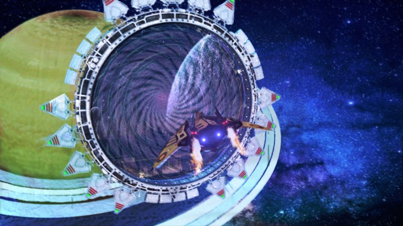 Another world
A Xonophian cruiser uses a wormhole gate to travel to the other side of the galaxy.
