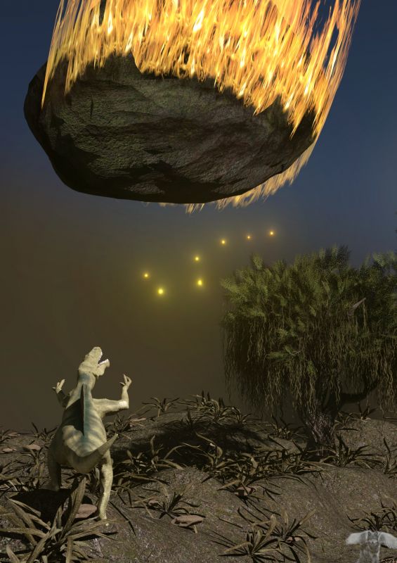 Ive got it
Frankie saw the falling star heading towards his valley and thought with his very tiny brain, I am going to be the very best falling star catcher EVER. With his long arms and quick speed, he already knew he was the best at catching prey, catching trees when those lumbering long necks knocked them over, and sometimes even catching a cold when it rained.    

He went out to the hill top and waited for that little falling star to come so he could catch it.   As the days went on, it seemed that that falling star got bigger and bigger,    Finally, three days after he first saw it falling , he looked up. the little falling star had grown and filled the whole sky, but Frankie was undetered.    

With his tiny brain he thought. "I've got it, I can catch this".   Frankie got his wish. He did catch that falling star and for a very brief moment in time 65 million years ago,Frankie  was the world's best and only falling star catching dinosaur before it slammed into the earth at 65,000 miles an hour and wiped out most  of life on  Earth.
