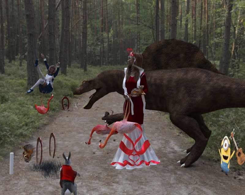 Nice Shot
Alice was trying to play this bizaare game of flamingo croquet with the queen of hearts, but her mallet kept kicking her.  "Nice shot" calls the queen to her friend the spinosaurus who just hit his chipmunk through  two wickets with one shot.  The minion who wandered by cheers even though he doesnt know what's going on.  The queen of hearts notices Alice and says to the spinosaurus, "if Alice wont stop fooling around and play this game properly, GO BITE OFF HER HEAD"
