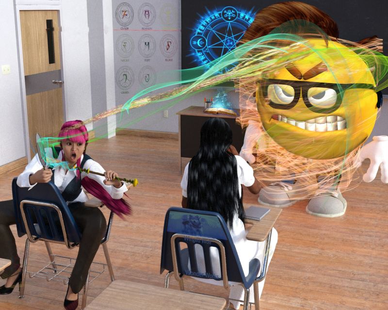 OOPS, Sorry
Melanie was always fooling around in Miss Smileys Invocation class. "The spell is pronounced BLAH BLAH BLAH" BORING.  She wanted to find the answers to the tests on Glooble.com so she didnt have to listen to boring lectures, but Spellphones were banned in Miss Smiley's class. Mirrors weren't so Melanie tried to cast a magic mirror spell to get to Glooble.com instead. She pronounced the spell wrong, so the mirror reversed her spell and turned Miss Smiley into a VERY ANGRY emoticon instead. OOPS, Sorry.
